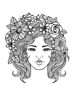 Beautiful woman face and floral pattern. Vector doodle flowers. Black and white
