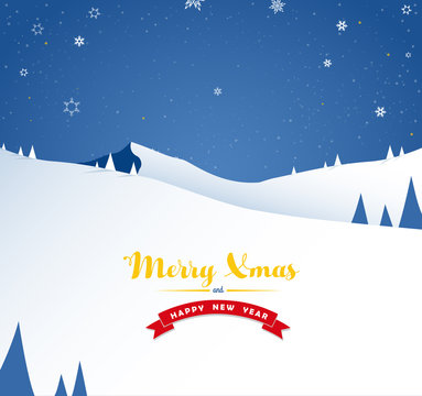 Winter mountain landscape scenery and Merry Xmas text with pine trees and stars.