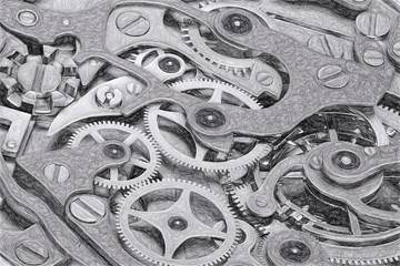 Clock sketch machinery with gears grayscale 3D rendering