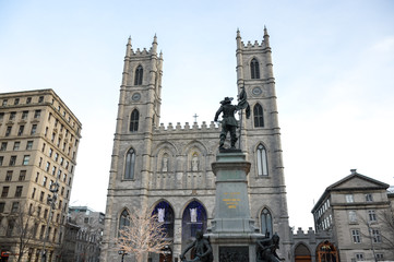 Montreal Notre-Dame Basilica in Place D'Armes in Montreal, Quebec, Canada.