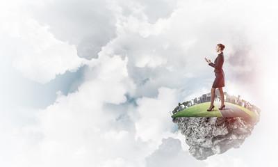 Confident lady boss and modern city as concept of eco green cons