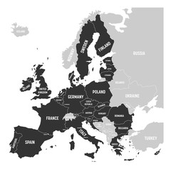 Political map of Europe with dark grey highlighted 28 European Union, EU, member states. Simple flat vector illustration.