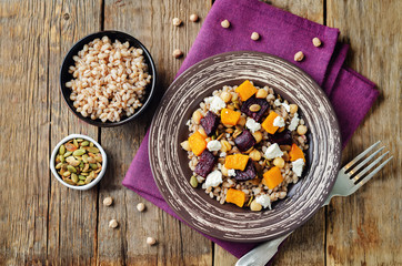 Roasted pumpkin and beet barley chickpeas pepita salad