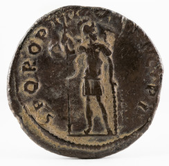 Ancient Roman silver denarius coin of Emperor Trajan. Reverse.