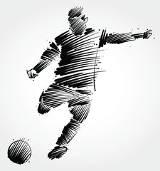 soccer player kicking the ball made of black brushstrokes on light background