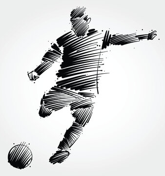 Fototapeta soccer player kicking the ball made of black brushstrokes on light background