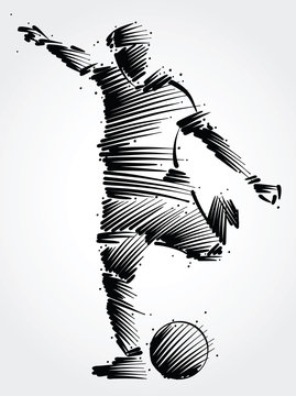 soccer player running to kick the ball made of black brushstrokes on light background