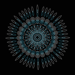patterned circular concentric mandala of turquoise color on a black background.