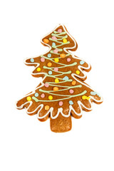 Christmas cookie with glaze in the shape of a Christmas tree on a white background