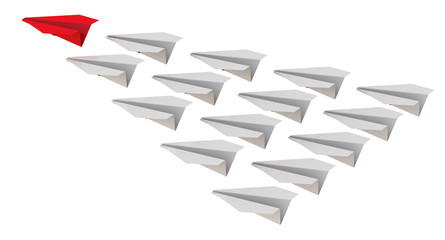 Group of paper airplanes with a leader. White paper planes and one red are flying in group. Isolated. 3D Illustration