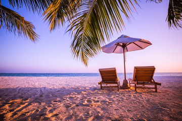 Perfect tranquil beach scene, soft sunlight and white sand and blue endless sea as tropical landscape