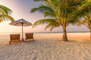 Obraz na płótnie Canvas Perfect beach view. Summer holiday and vacation design. Inspirational tropical beach, palm trees and white sand. Tranquil scenery, relaxing beach, tropical landscape design. Moody landscape