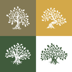 Huge and sacred oak tree silhouette logo isolated on background. Modern vector national tradition green plant icon sign design set.
Premium quality organic logotype flat emblem illustration.