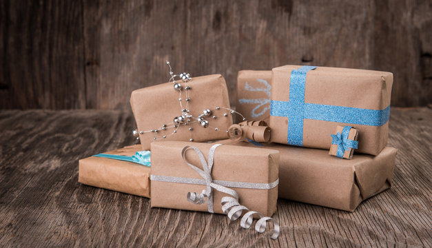 Presents on wooden surface
