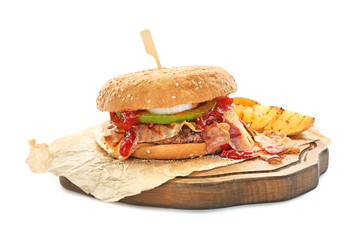 Board with tasty bacon burger, isolated on white