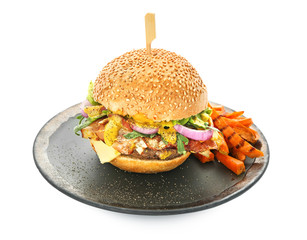 Plate with tasty bacon burger, isolated on white