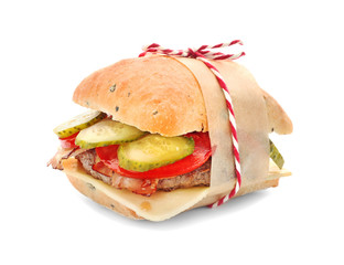 Tasty burger with bacon, isolated on white