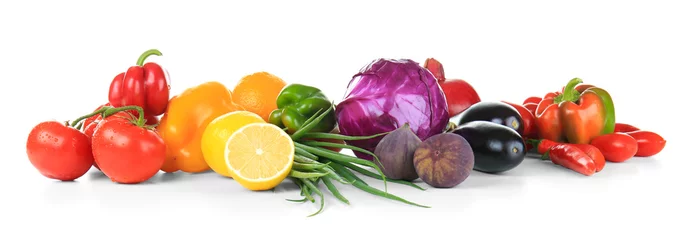 Küchenrückwand glas motiv Gemüse Zusammensetzung verschiedener Obst- und Gemüsesorten auf weißem Hintergrund