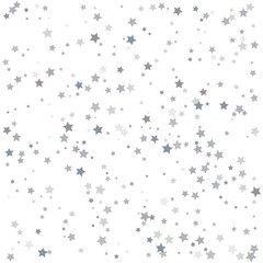 Abstract pattern of random falling silver stars on white background. Elegant pattern for banner, greeting card, Christmas and New Year card, invitation, postcard, paper packaging. Vector illustration