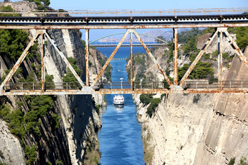 Corinth channel in Greece view on Aegean Sea while a ship is going to pass the channel