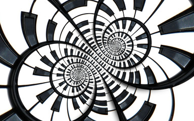 Distorted Piano keyboard music swirl abstract fractal spiral pattern background. Black and white...