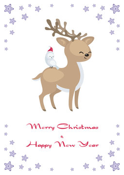 Christmas greeting card with the image of the cute polar animals. Vector illustration.