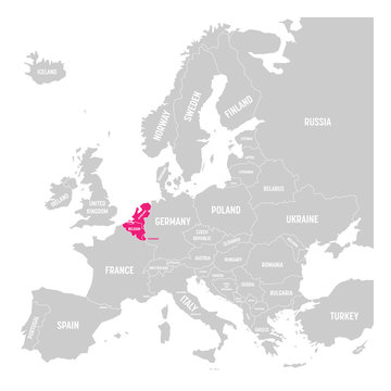 Benelux states Belgium, Netherlands and Luxembourg pink highlighted in the political map of Europe. Vector illustration.