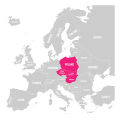 Naklejka premium Grupa Wyszehradzka, czyli V4, czterech krajów: Polski, Czech, Słowacji i Węgier wyróżnionych na różowo na mapie politycznej Europy. Ilustracji wektorowych.