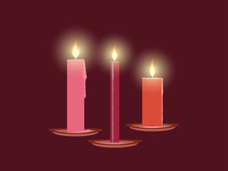 Burning candles, Christmas decorations. Leaking wax. Vector illustration