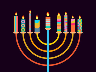 Happy Chanukah. Candlestick with nine candles of different colors. Vector illustration