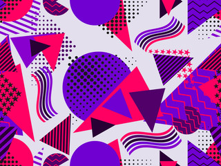 Memphis seamless pattern with geometric figures in the style of the 80s. Purple, blue and red color. Vector illustration