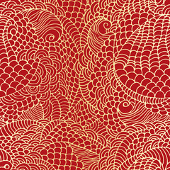 New year, golden chinese backgroun dmade of doodles. Seamless festive pattern for winter holiday design. A hand drawn pattern with floral motif. Tangle pattern, boho style texture for clothes print.