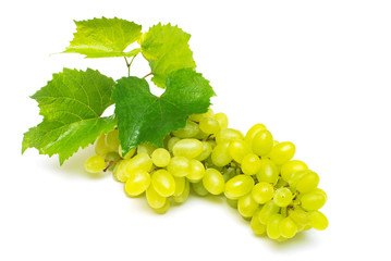 Fresh green grapes branch isolated on white background. Creative concept of fruit, butterfly shape....