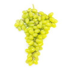 Fresh green grapes branch isolated on white background. Creative concept of fruit, butterfly shape. Flat lay, top view