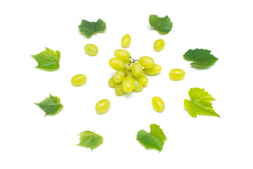 Fresh green grapes branch isolated on white background. Creative concept of fruit, butterfly shape....