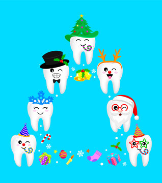 Fancy tooth characters design in Christmas tree shape. Merry Christmas and happy new year concept. Illustration isolated on blue background.