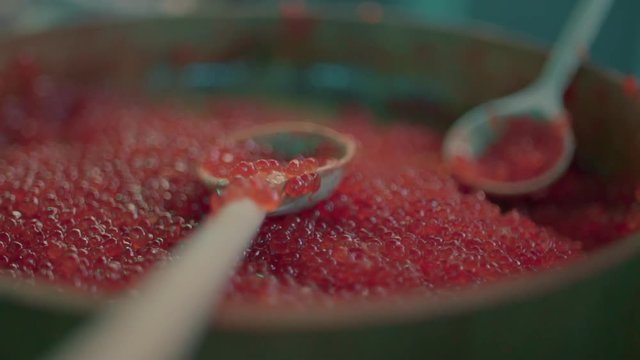 Red caviar dripping from a traditional wooden spoon. Macro food in slow motion,