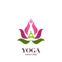 Yoga pose with lotus flower on the background logo, icon abstract design vector illustration template