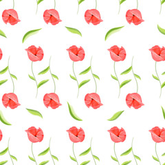 Fresh watercolor red poppy seamless pattern. Flower colored provence wallpaper textiles, bed linen decor. Vintage hand drawn little bloom poppies old floral fashion design.