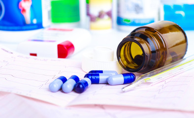 Drug prescription for treatment medication. Pharmaceutical medicament, cure in container for...