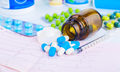 Drug prescription for treatment medication. Pharmaceutical medicament, cure in container for...