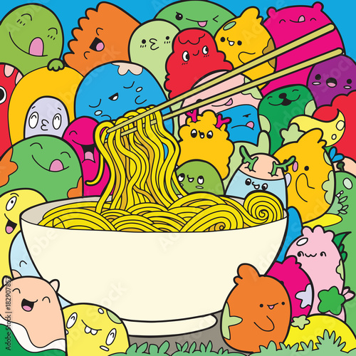 "Vector illustration of Noodle in Doodle style with cute Monster