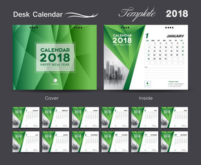 Set Desk Calendar 2018 template design, green cover, Set of 12 Months, Week start Sunday
