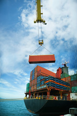 Unit of container being loading by the gantry crane of the port for transfering shipment from original port ot destination port by sera transportation carrier by the ocean vessel
