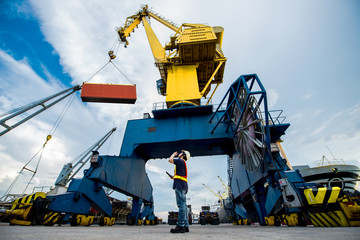 the port industrial gantry crane working under command of the loading master for transfer loading and discharging unit of containers from storage yard to the ship alongside berthing in the terminal