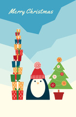 Vector Merry Christmas retro styled greeting card. Long vertical format. Cute penguin near a high stack of gifts and a fir tree in a pot. Cartoon colorful illustration. Antarctic landscape.