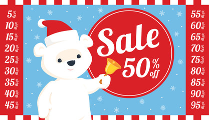 Vector round sale sign with illustration of baby polar bear in santa hat ringing a bell. Set of all relevant numbers for different discount amounts included. Light blue background with snowflakes.