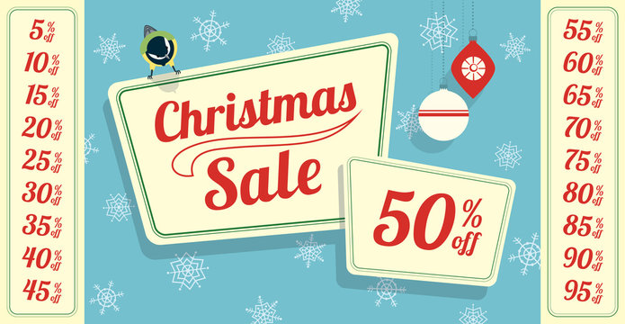 Retro styled Christmas sale tag. A tit bird sitting on a board. Set of all relevant numbers included. Light blue background with snowflakes. Horizontal format.