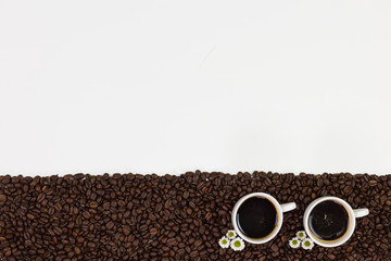 Coffee beans and flowers on white background. Top view with space for your text.