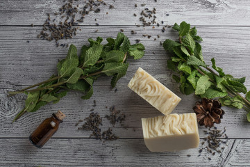 Handmade soap with mint and bottles